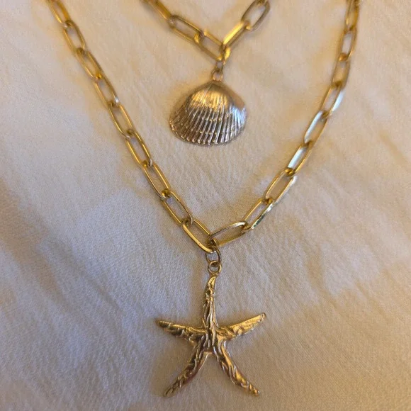 Gold Tone Double Layered 15 3/4-18 1/2 in Necklace Shell Starfish Pendant Women - Picture 3 of 3